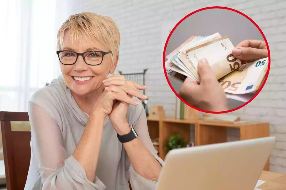 Mujer contenta frente a un ordenador con una imagen destacada a la derecha de billetes de Euro