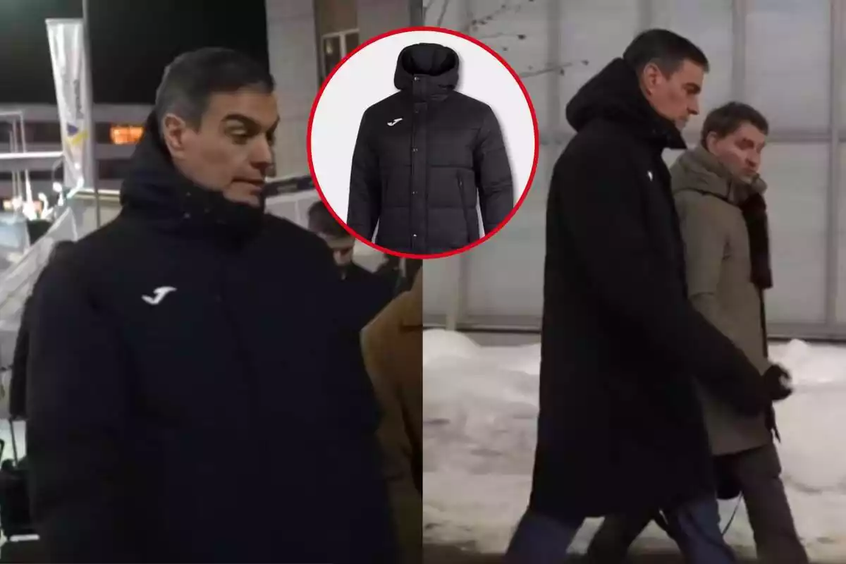 Dos imágenes de Pedro Sánchez andando con un anorak de la marca Joma y una imagen destacada en el medio con una foto del abrigo