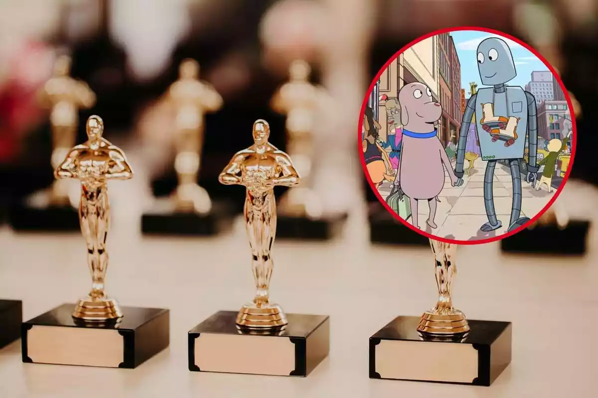 Montaje con varios premios Óscar y círculo rojo con protagonistas de la película Robot Dreams