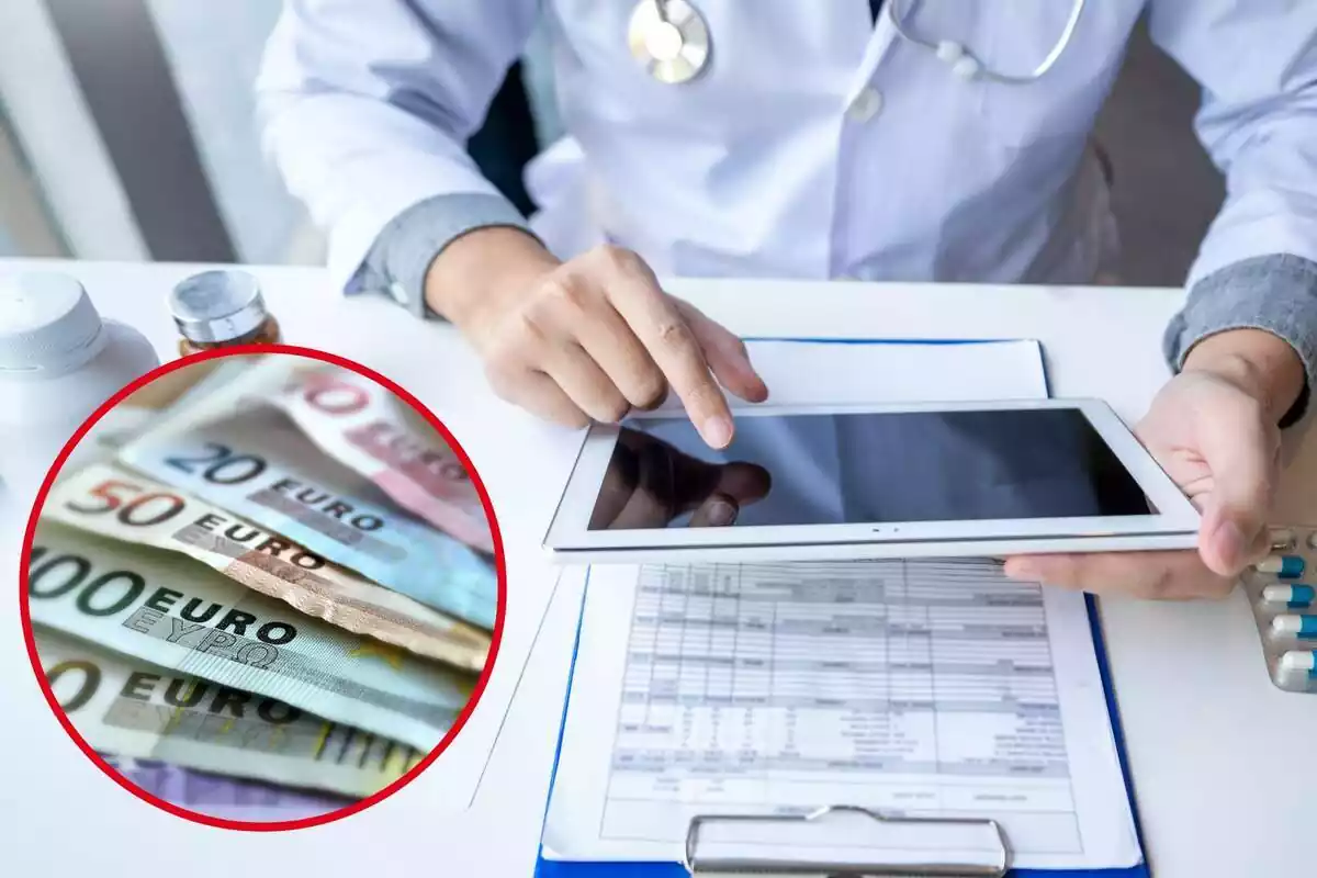 Imagen mostrando un médico haciendo un informe y foto destacada a la izquierda de unos billetes de EURO