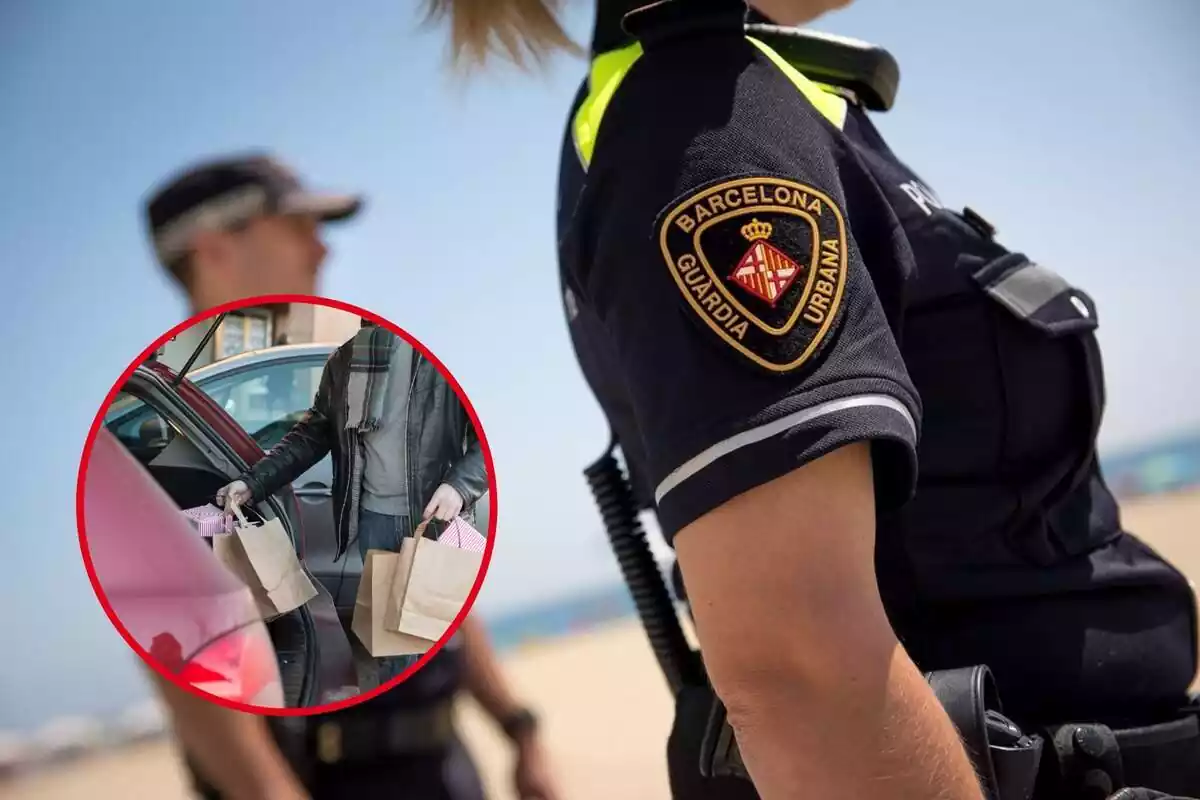 Montaje con dos agentes de la Guardia Urbana de Barcelona y círculo rojo con persona metiendo bolsas en el maletero del coche