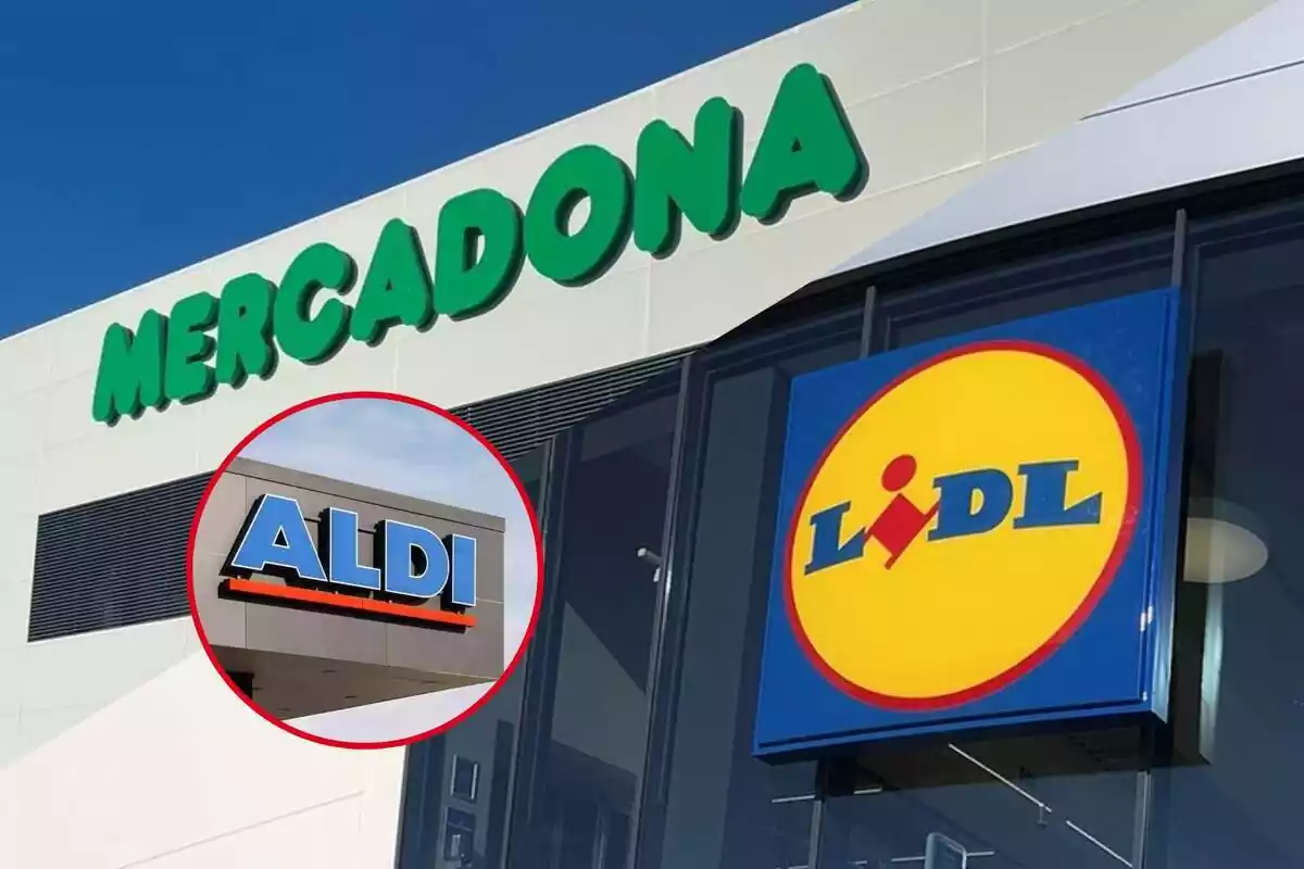 3 imágenes de las fachadas de 3 supermercados distintos. Mercadona, Lidl y Aldi