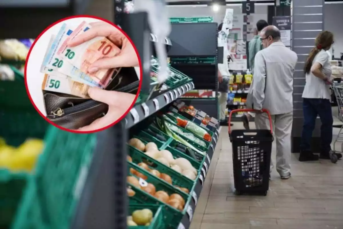 Montaje con personas comprando en supermercado y círculo rojo con persona sosteniendo monedero y billetes de euro