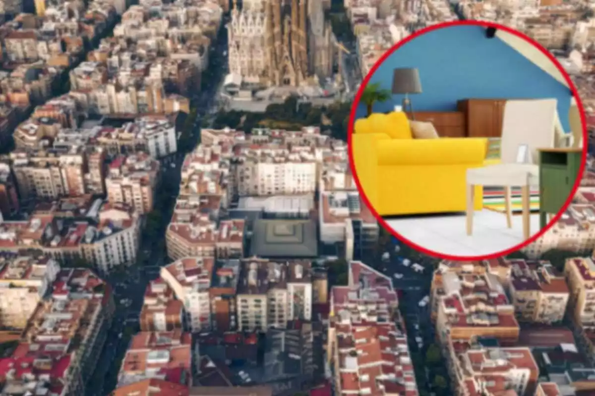 Imagen aérea de Barcelona con una imagen destacada a la derecha de una tienda de muebles