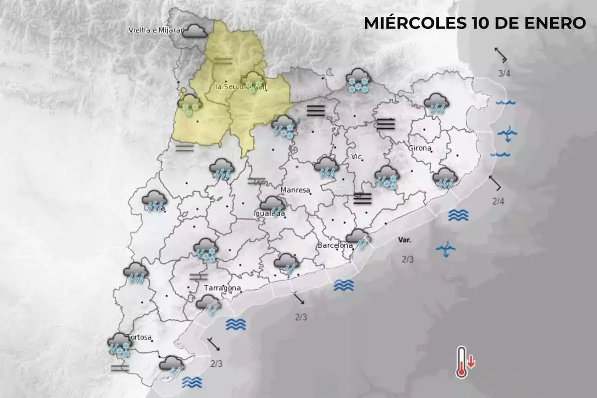 Previsión de Cataluña con aviso de nieve del miércoles 10 de enero por la tarde