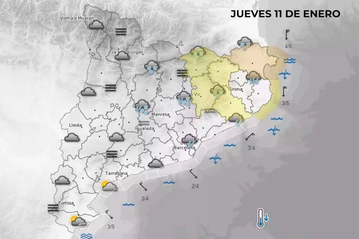 Mapa con la previsión de Cataluña del jueves 11 de enero por la mañana