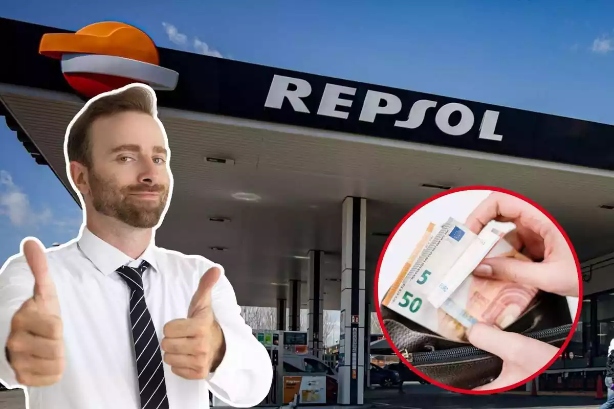 Imagen de fondo de una estación Repsol con otra imagen de un hombre con los pulgares arriba y una tercera imagen de billetes en una cartera
