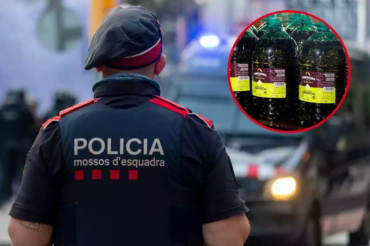 Fotomontaje de una imagen de los Mossos d'Esquadra y una imagen de garrafas de aceite