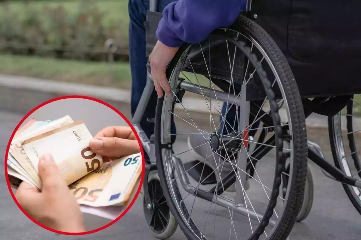 Imagen de fondo de una persona en silla de ruedas y otra imagen de una mano con varios billetes de 50 euros