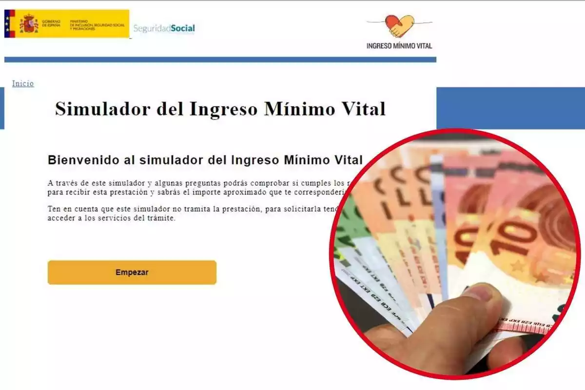 Montaje con una imagen de fondo de la web del Ingreso Mínimo Vital con otra imagen de varios billetes en la mano de una persona