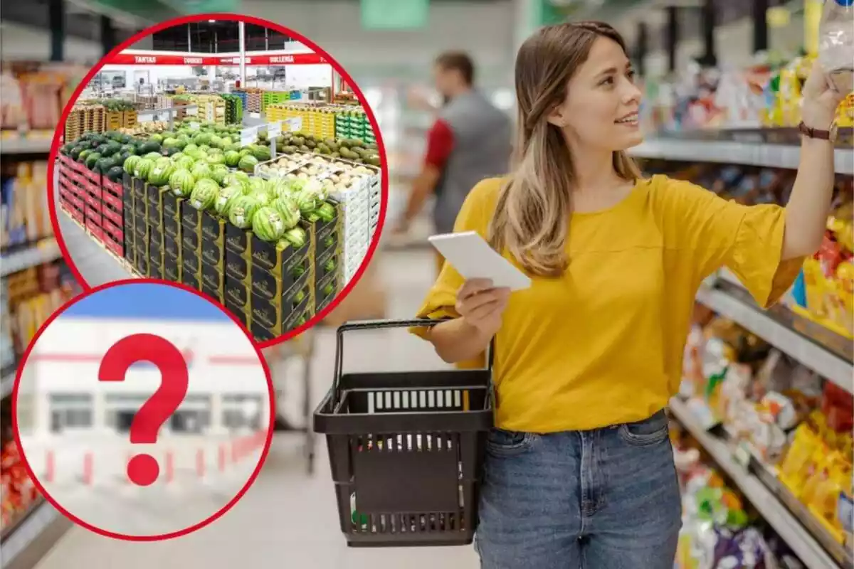 Imagen de fondo de una persona comprando en un supermercado, junto a otra del supermercado Costco por dentro, en la sección de fruta y otra con una imagen de una fachada de Costco desenfocada