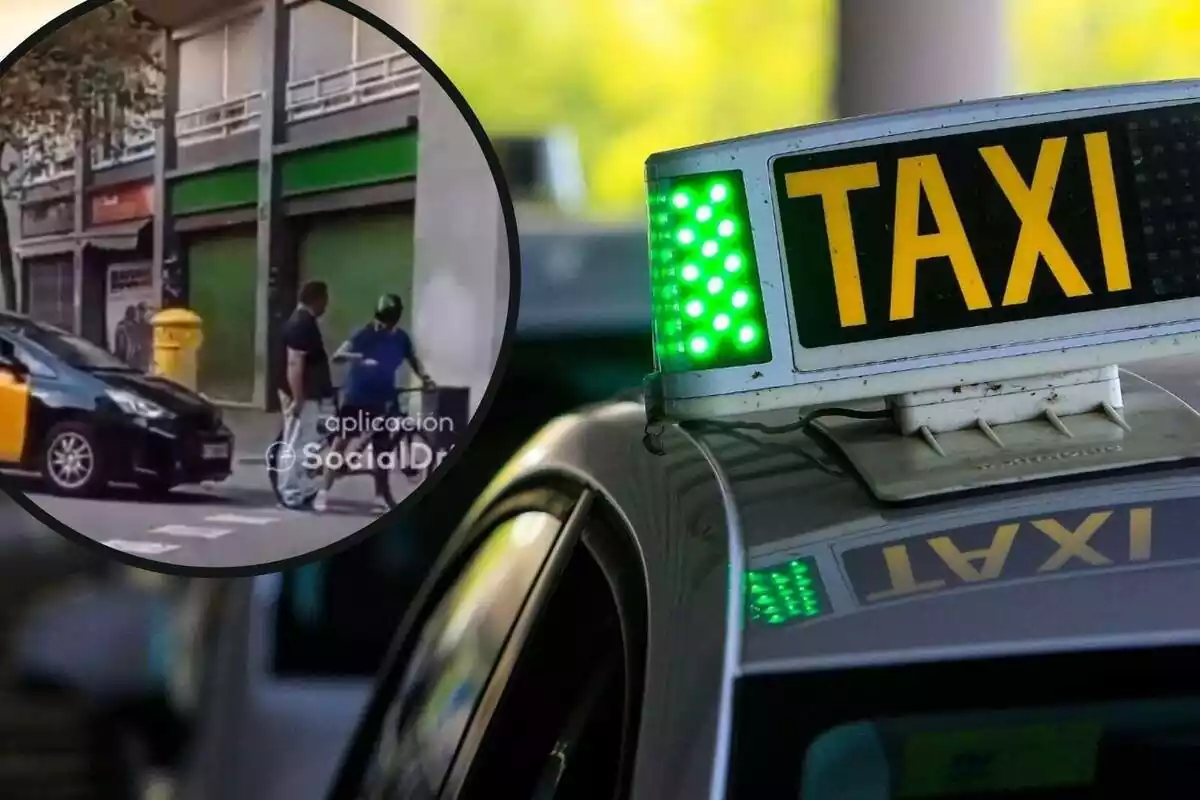 Fotomontage de taxi con luz verde y captura de pelea en Barcelona entre un taxista y un ciclista