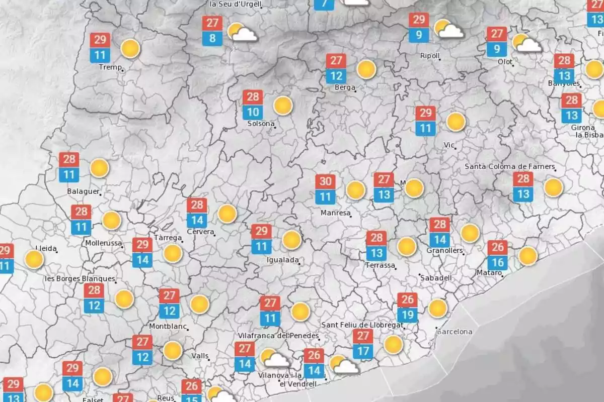 Mapa con las temperaturas previstas para el 12 de octubre en Cataluña