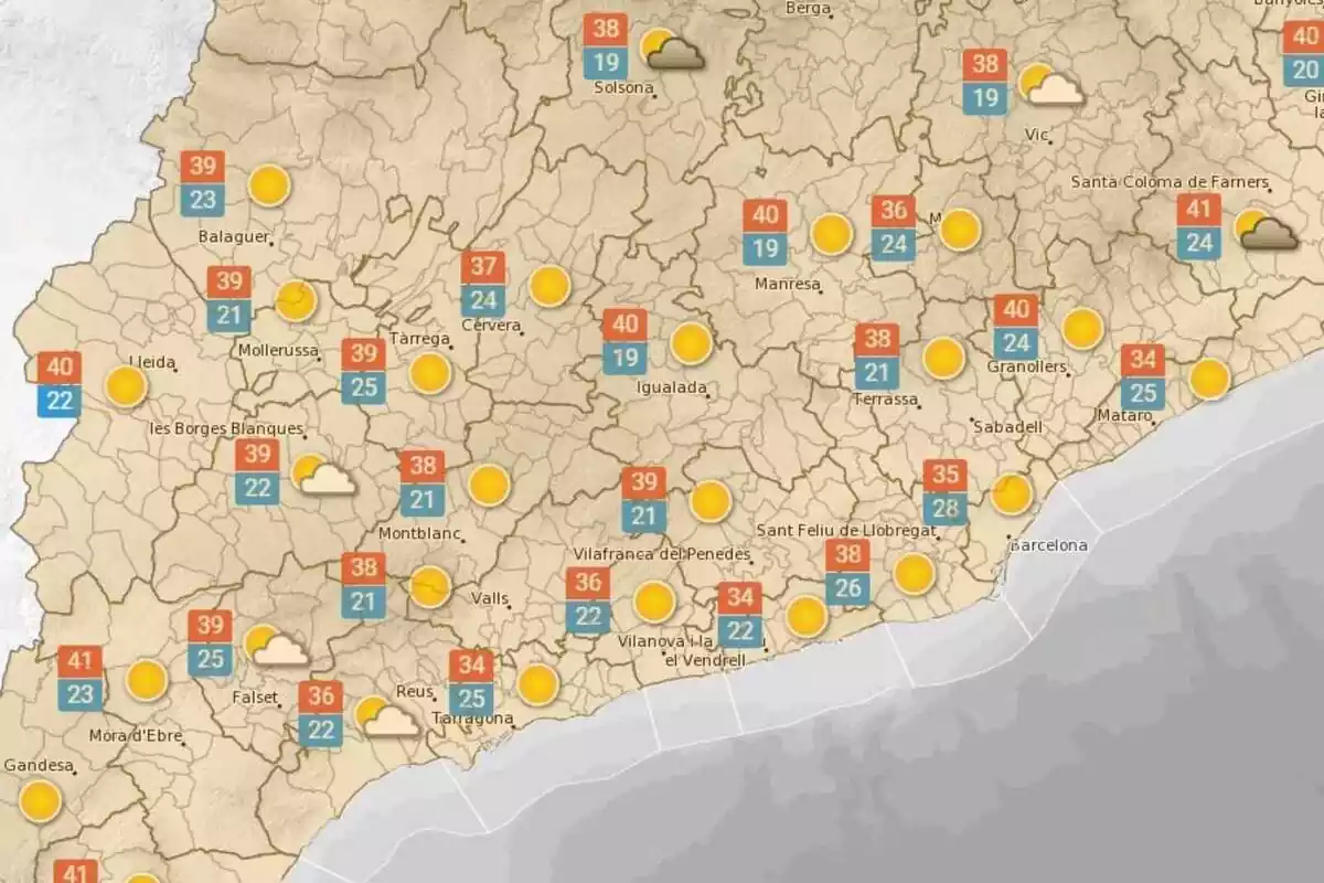 Mapa con las temperaturas que se esperan el día 23 de agosto en Cataluña