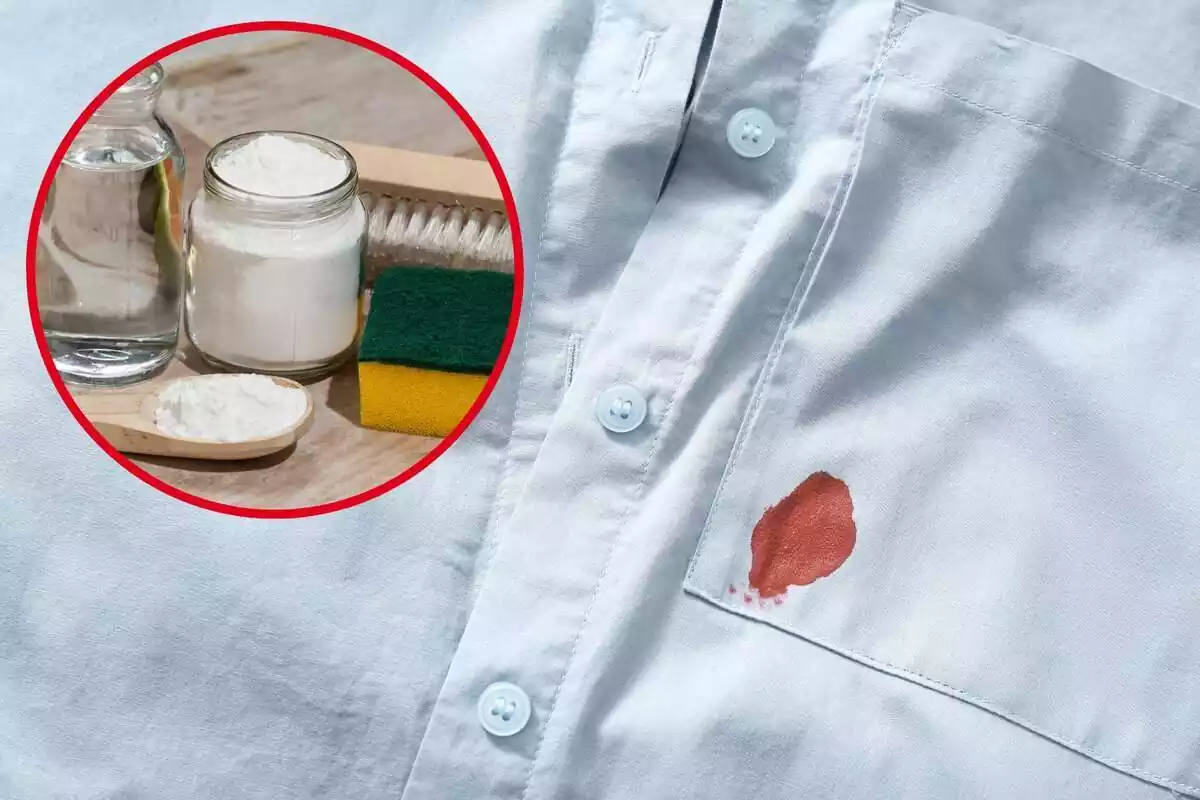 Imagen de una camisa con una mancha de sangre y una imagen destacada de bicarbonato, vinagre y un estropajo