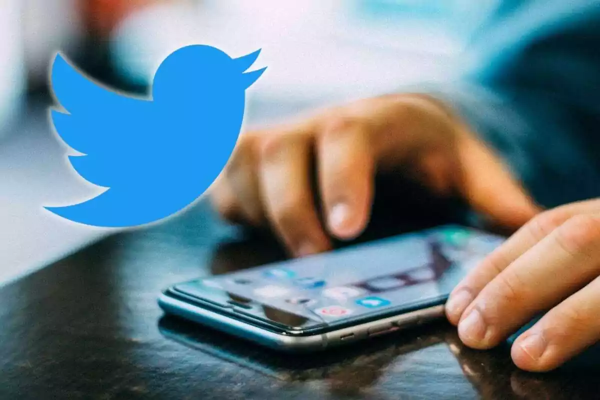 Una persona utilizando un teléfono móvil y en primer plano el logo de twitter superpuesto