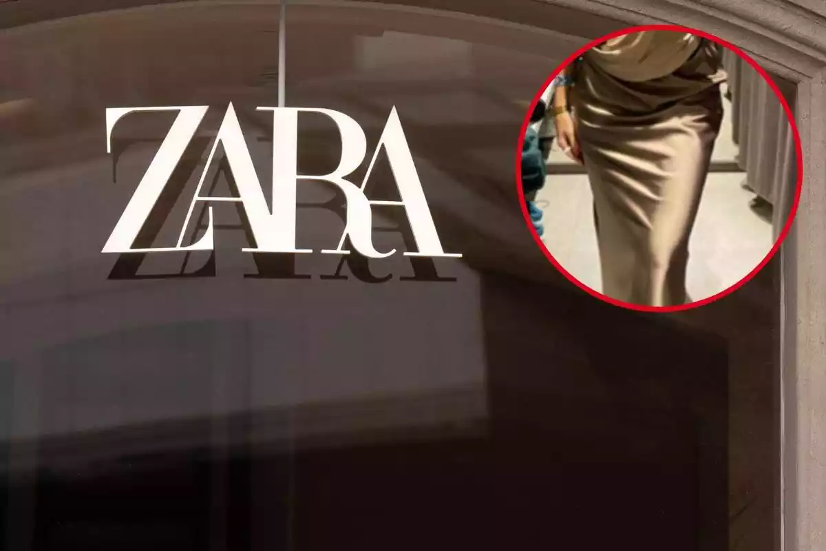 Tienda Zara y primer plano de la falda satinada midi